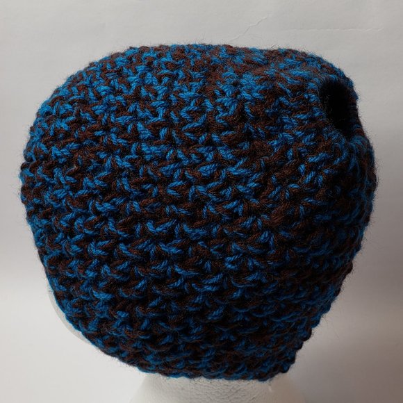 Messy Bun Hat Mom Bun Brown Peacock Blue Beanie - Picture 4 of 8